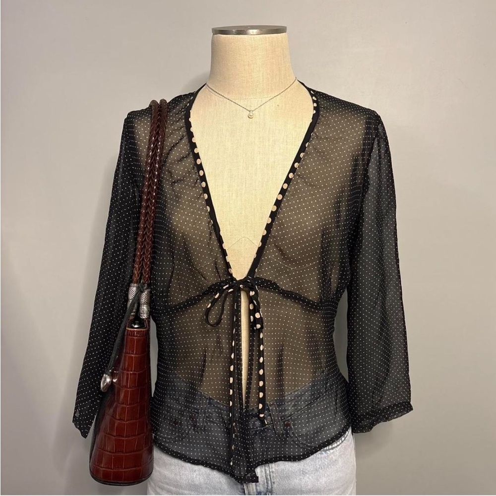 Vintage black sheer polka dot tie front blouse